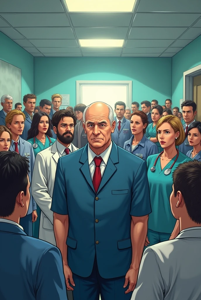 A mayor firing hospital employees and introducing the new boss; the mayor is slightly bald and frowning; the new boss is tall with black hair; the scene must be in the hospital lobby and there must be doctors, nurses and general service assistants 