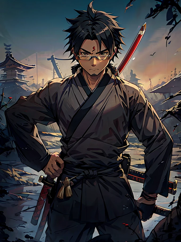 man, katana on his back, black hair, gray strands, typical Japanese landscape, glasses on his face, anime style, stylish