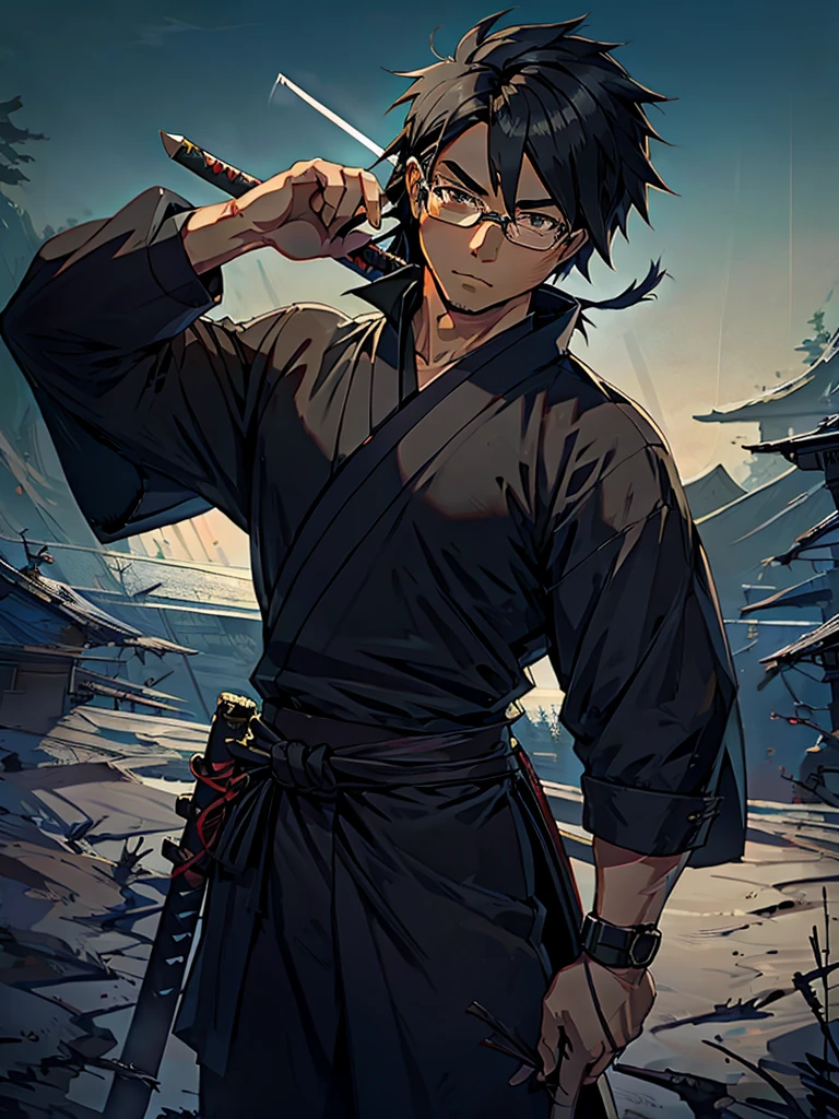 man, katana on his back, black hair, gray strands, typical Japanese landscape, glasses on his face, anime style, stylish