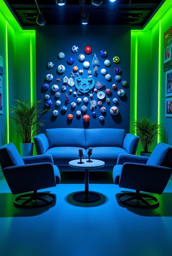 podcast in navy blue and neon green, with 2 padded chairs facing each other and 1 sofa in the back with a table in the middle with microphones. Large Sports Wall Decor with Sports Ornaments