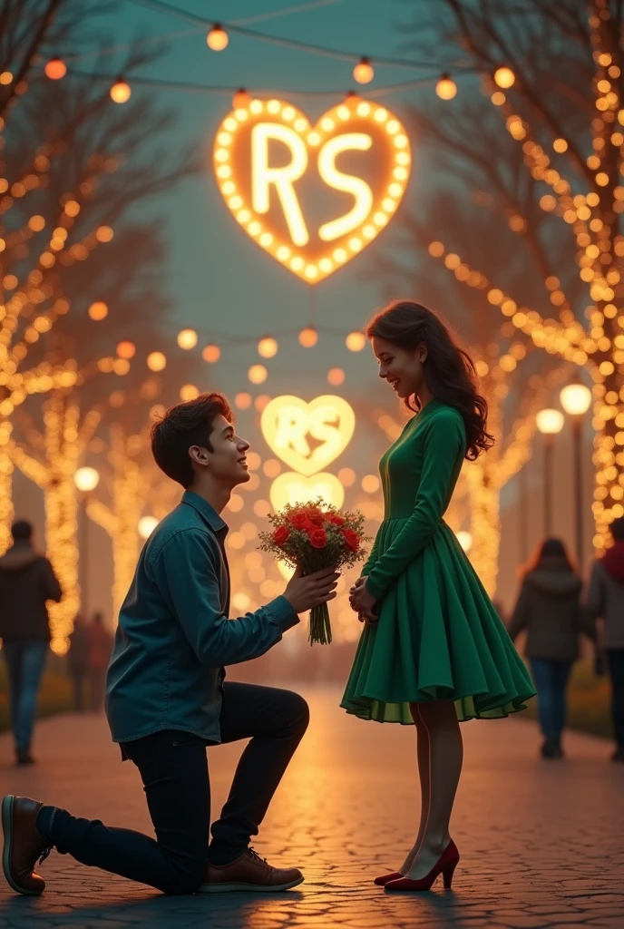 A romantic scene depicting a young man kneeling on a dimly lit street, offering a bouquet of flowers to a young woman wearing a vibrant green dress. She stands with a surprised expression, hands clasped in front of her. The background features trees adorned with glowing lights, and a heart-shaped light with the initials RS is visible overhead. Other figures can be seen leisurely walking down the lane, enhancing the enchanting atmosphere.