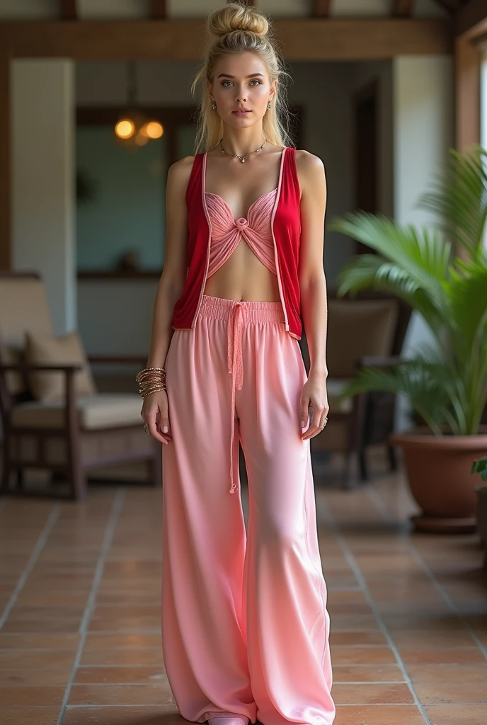 large format full body photo of a woman a Realistic full body portrait Photo of a I dream of Jeannie, genie in the lamp (((Jeannie))) with classic updo blonde hair style, diaphanous soft pink chiffon face veil pulled down under chin, tiny soft pink diaphanous gathered chiffon top under tiny open very cropped red velvet vest with thin white trim, low on hips diaphanous gathered soft pink chiffon harem pants elastic gathered at ankles and thick red velvet waist band with thin what trim and soft gathered pink chiffon inserts, Beautiful, Detailed face, Perfect eyes, (highly detailed skin:1.1), extremely long disheveled messy blonde hair with a sloppy extremely long ponytail, narrow shoulders, small breasts, aggressively arched back, bubble butt, full hips, sexy soft slightly rounded lower belly, proportionate average-length legs, compact build, perfect dainty narrow feet wearing tiny pink flat-soled closed-toe shoes with pointed tips, thick mascara, soft pink full pouting lips, hoop earrings, slave bands, several rings on various fingers, , layered clothes, best quality, Modelshoot style, Professional Photography, Photorealistic, in a bungalow, bokeh background, RAW, analog style, sharp focus, 8k, ultra high resolution, DSLR, high quality, Fujifilm XT3, film grain, award winning, masterpiece (blurry:-1) (undetailed:-1) (bad quality:-1) (NSFW:-1) (painting:-1) (vintage:-1) (navel:-1) (cleavage:-1.25), big smile