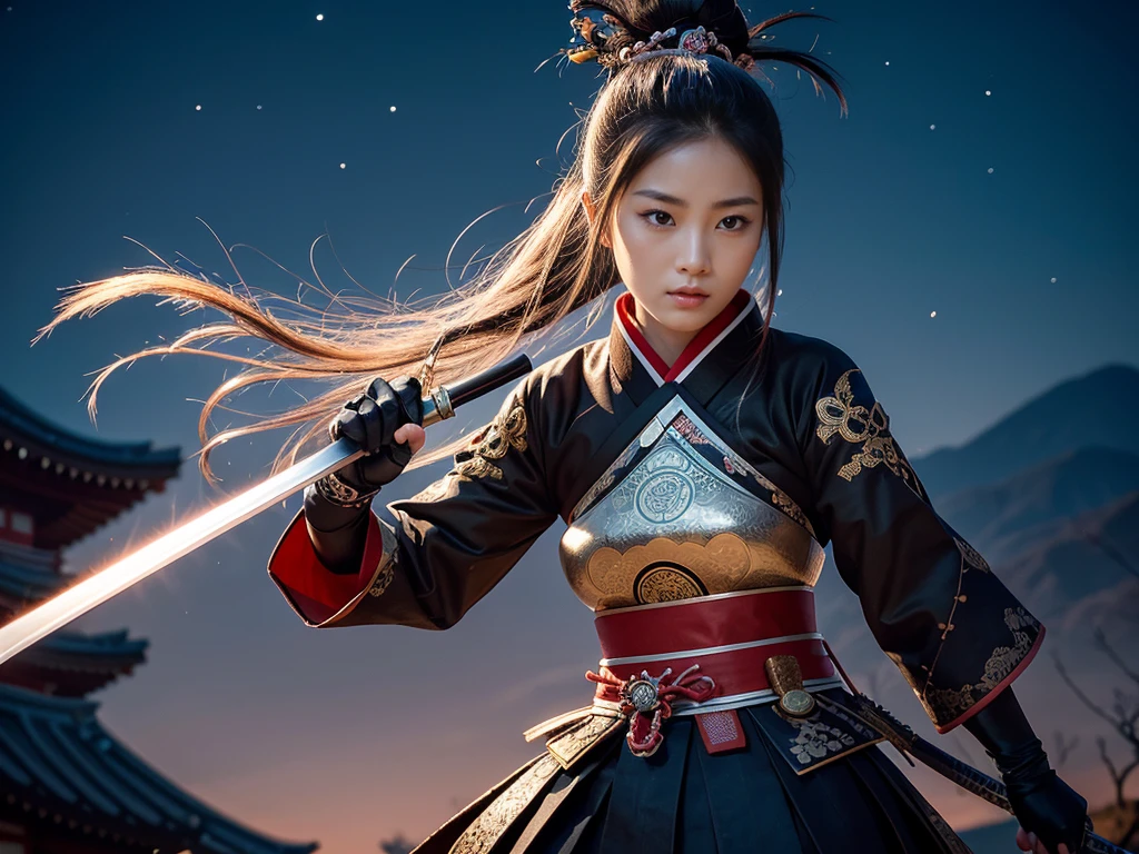 **Prompt:** Create an ultra-realistic 8K resolution image of Tsukuyomi, the Japanese moon god from Shinto mythology, reimagined as the ultimate samurai while retaining the deity's iconic features. Tsukuyomi is depicted with long, flowing silver hair tied back in a traditional topknot, with a few loose strands framing her serene, yet resolute face. Her eyes gleam with the calm determination of a warrior who has faced countless battles under the moon's light, reflecting both wisdom and an unwavering resolve.
She wears an intricately designed samurai armor, the plates polished to a dull silver that mirrors the moonlight. The armor is adorned with delicate engravings of crescent moons and celestial patterns, blending traditional samurai aesthetics with her divine origins. Over her armor, she dons a dark, flowing haori with silver embroidery that trails like shadows in the night.
In her hand, she wields a katana with a blade that gleams like the moon, its edge sharp and deadly. The hilt is wrapped in dark silk, and the tsuba (guard) is shaped like a crescent moon. Her stance is strong and poised, ready for battle, with the air around her crackling with the energy of a warrior deity.
The background is a moonlit battlefield, with cherry blossom trees shedding their petals in the wind. The full moon hangs high in the sky, casting a cold, ethereal glow over the scene. Tsukuyomi stands as the embodiment of the ultimate samurai, combining the grace and beauty of the moon with the fierce honor and strength of a legendary warrior.