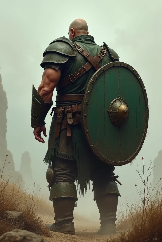 Warrior from behind with green shield on his back