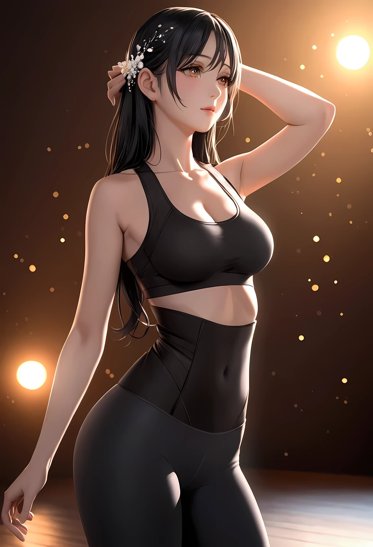 best quality, masterpiece, high resolution, 1,Sports Corset,Yoga Pants,Hair accessories, Jewelry,Pretty Face,more than_Body, Tyndall effect,Reality, Bright studio, Edge lighting, Two-color lighting,(High Detail Skin:1.2), 8K uhd, Digital SLR Camera, Soft lighting, high quality, Volumetric Lighting, frank, photo, high resolution, 4K, 8K, Bokeh, Black Hair, nude,