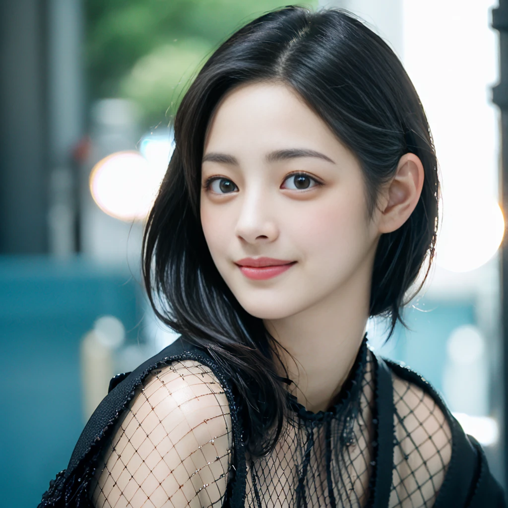 a Close-up portrait of gorgeous smiling cute Japanese woman in a glamorous Fishnet dress outfit, delicate facial features, porcelain-skinned, ponytail, a fusion of young Marion Cotillard's striking eyes and young Anne Hathaway's introspective gaze, long and slender cute face, curved eyebrows, droopy hooded eyes, lower nasal bridge, slim wavy nose, smiling, thin lips, short pixie cut hair, silhouette, bokeh, skylight atrium pool background, depth of field, photo, film,