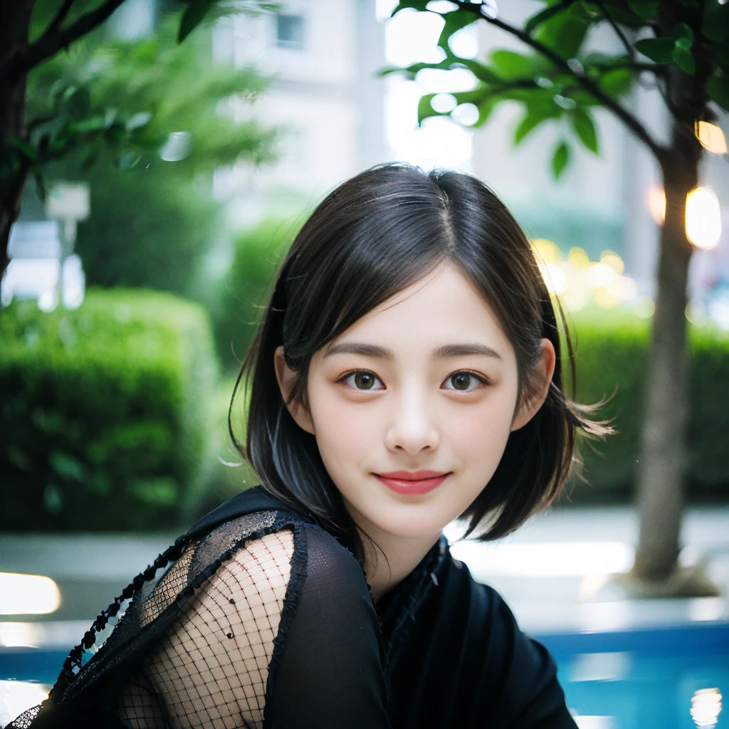 a Close-up portrait of gorgeous smiling cute Japanese woman in a glamorous Fishnet dress outfit, delicate facial features, porcelain-skinned, ponytail, a fusion of young Marion Cotillard's striking eyes and young Anne Hathaway's introspective gaze, long and slender cute face, curved eyebrows, droopy hooded eyes, lower nasal bridge, slim wavy nose, smiling, thin lips, short pixie cut hair, silhouette, bokeh, skylight atrium pool background, depth of field, photo, film,