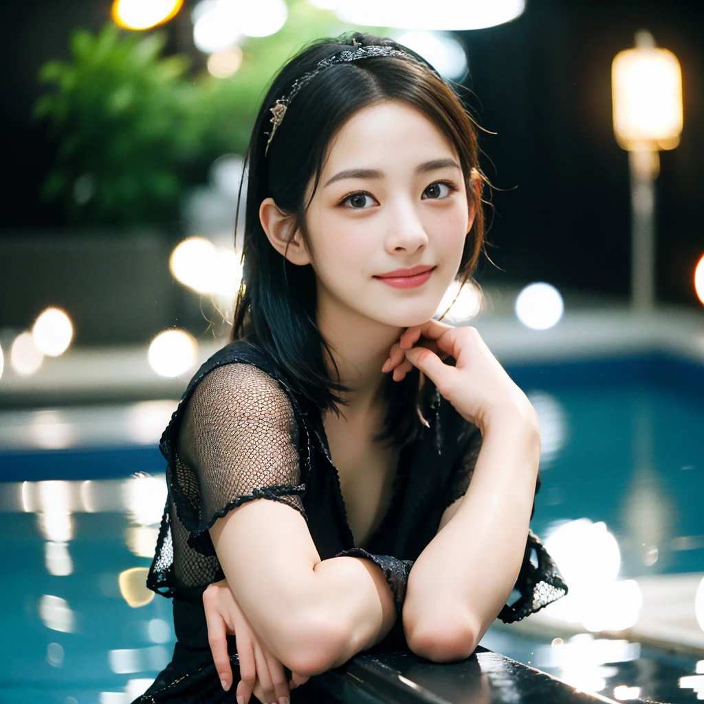 a Close-up portrait of gorgeous smiling cute Japanese woman in a glamorous Fishnet dress outfit, delicate facial features, porcelain-skinned, ponytail, a fusion of young Marion Cotillard's striking eyes and young Anne Hathaway's introspective gaze, long and slender cute face, curved eyebrows, droopy hooded eyes, lower nasal bridge, slim wavy nose, smiling, thin lips, short pixie cut hair, silhouette, bokeh, skylight atrium pool background, depth of field, photo, film,