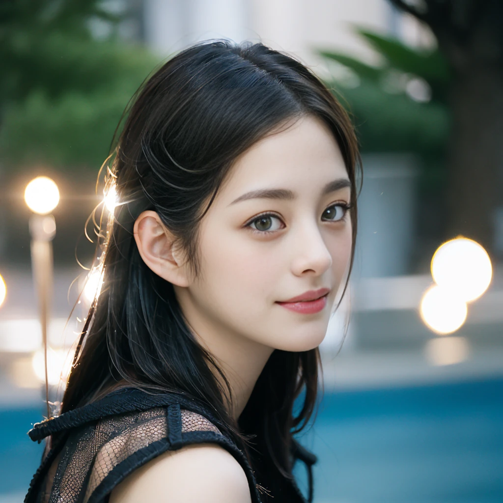 a Close-up portrait of gorgeous smiling cute Japanese woman in a glamorous Fishnet dress outfit, delicate facial features, porcelain-skinned, ponytail, a fusion of young Marion Cotillard's striking eyes and young Anne Hathaway's introspective gaze, long and slender cute face, curved eyebrows, droopy hooded eyes, lower nasal bridge, slim wavy nose, smiling, thin lips, short pixie cut hair, silhouette, bokeh, skylight atrium pool background, depth of field, photo, film,
