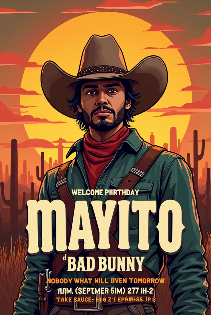 Create me an invitation for my birthday, My name is Mayito. It will be held on September 7th at 9:00 p.m.:00 pm, Take Sauces 6 mz. 277 in 2, the theme that is from the album “Nobody knows what will happen tomorrow” by the singer Bad Bunny which is cowboy style. 