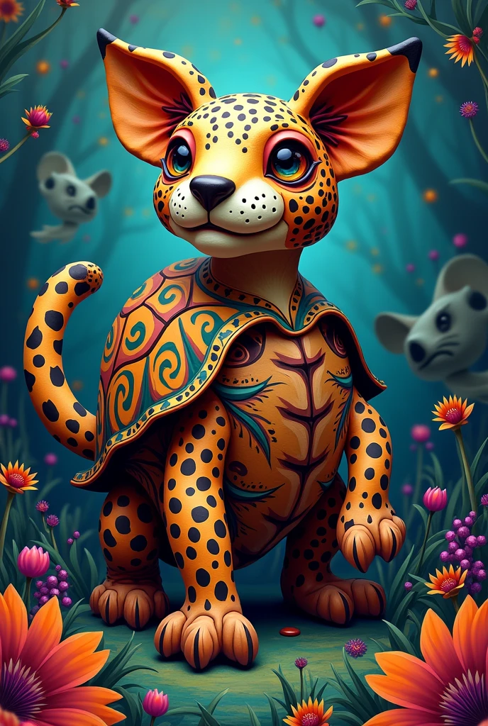 Make an alebrije with the following characteristics, turtle shell, leopard spots, dog head and koala arms