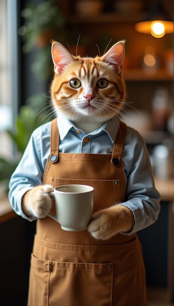 A hyperrealistic, anthropomorphic cat making espresso as a barista at a Starbucks café. Personagem