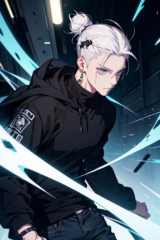 Anime man gradient young white hair low on shaved sides turns hair bun to the left side in the middle serious face with black earrings black sweatshirt Speed jeans futuristic clothes black dark circles under his eyes big black hair big brown hair extremely futuristic clothes futuristic clothes futuristic sweatshirt black skinny jeans male