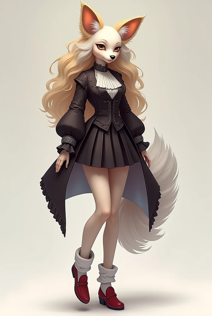 dog、Papillon Personification、スラっとモデル体型で耳はdog耳、A noble, gothic mini skirt、The hair is fluffy and long.、Natural waves with blonde on top and gradation to grey on the bottom、She is wearing loose socks and red loafers.、The tail is thick