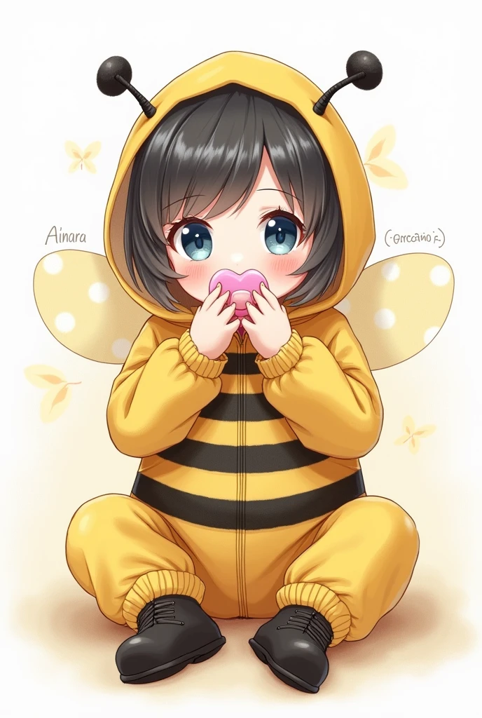 Baby girl sitting in bee clothes with pink pacifier, Whole body, blue eyes, dark and short hair in drawing that says Ainara