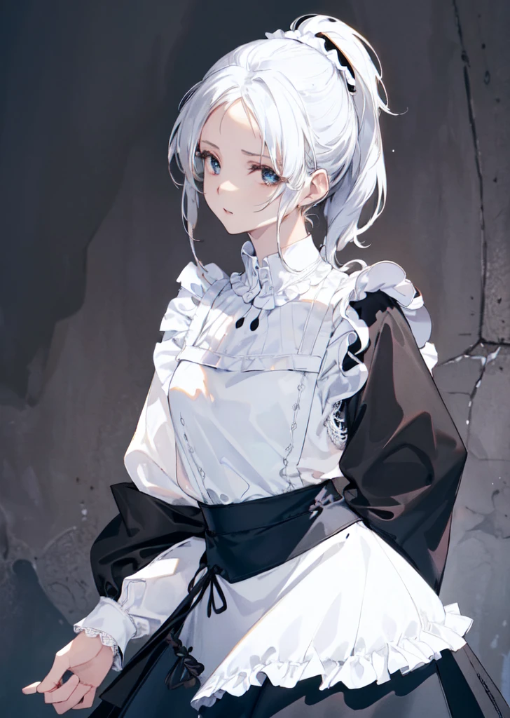 (masterpiece:1.4),(detailed:1.4),(4k,8k:1.4)),(beautiful:1.4),(High resolution:1.5),(tall slender proportion),((1 woman:1.5)),(2),(Anime Style:1.4),(Gwaites style artwork),(whole body),(Close ~ eyes),(cloud gray big eyes),(She shook her high ponytail black forehead middle hair:1.4),(We say,Pointed nose),(Pointy medium breasted butt,The body is slim),(deep detailed eyes),((cowboy_shot:1.4)),(Composition from the front),BREAK,(((((White blouse:1.2), long sleeves, frilled collar, delicate lace pattern,(Black apron skirt))),BREAK,((front view:1.4))