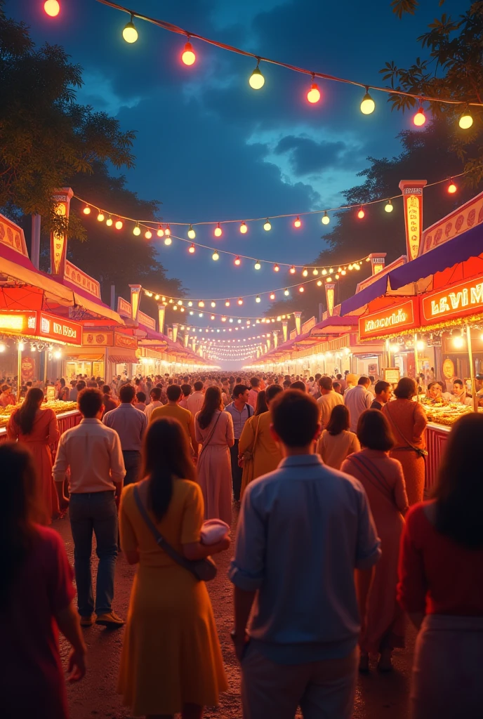 People enjoy the festival with food, music and joy under the bright lights.