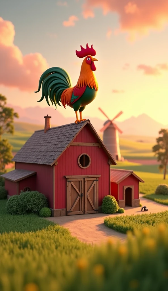 Draw a rooster with orange and green plumage on the roof of a farm barn. The farm should be picturesque and detailed, with green fields and a sunrise sky with soft orange and pink tones, in a 3D animated style.