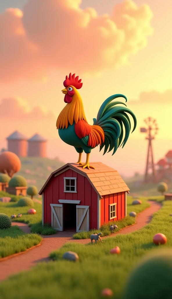 Draw a rooster with orange and green plumage on the roof of a farm barn. The farm should be picturesque and detailed, with green fields and a sunrise sky with soft orange and pink tones, in a 3D animated style.