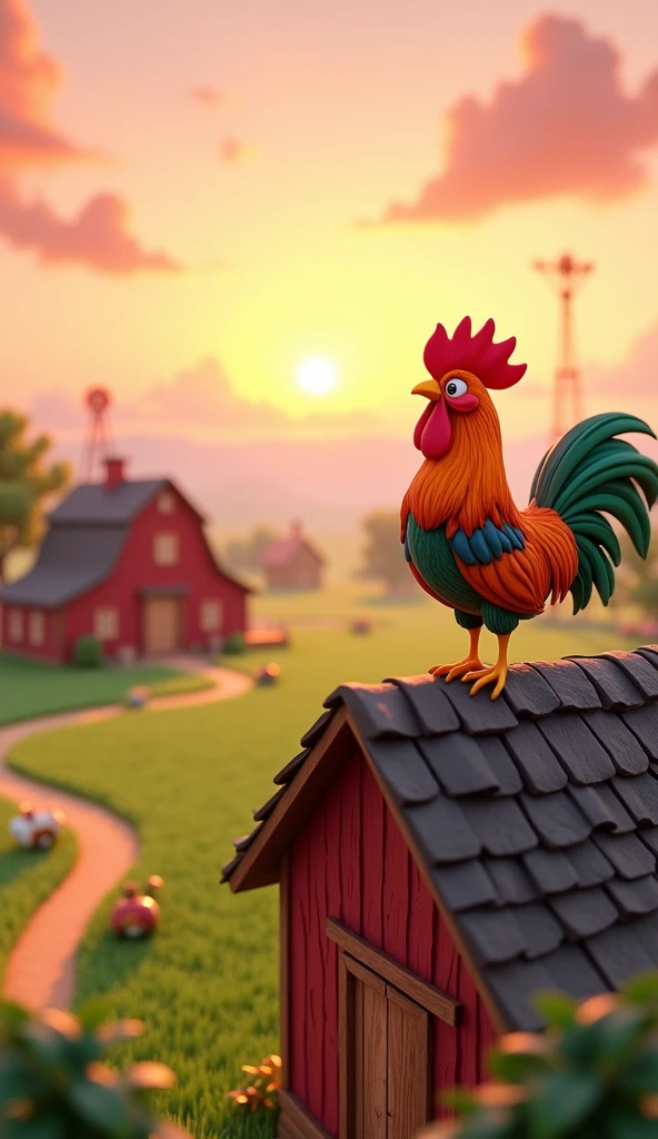 Draw a rooster with orange and green plumage on the roof of a farm barn. The farm should be picturesque and detailed, with green fields and a sunrise sky with soft orange and pink tones, in a 3D animated style.