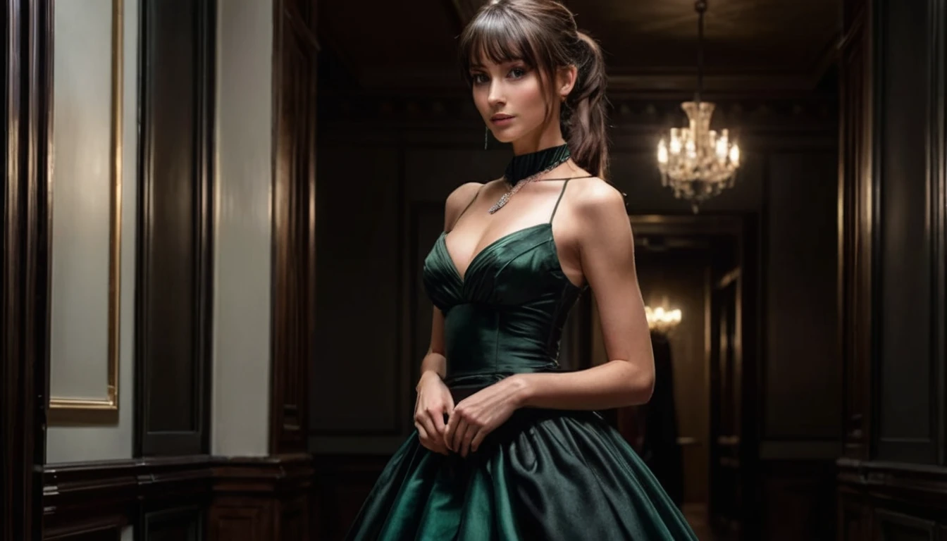 1 person, Caucasian female, 30 years old, slim waist, very tiny breasts, medium thighs, small stomach, beautiful black ball gown, Brunette, ponytail with split bangs, detailed face:1.5, diamond necklace, dark green eyes, elegantly standing, perfect face:1.5, 4k, ultra realistic