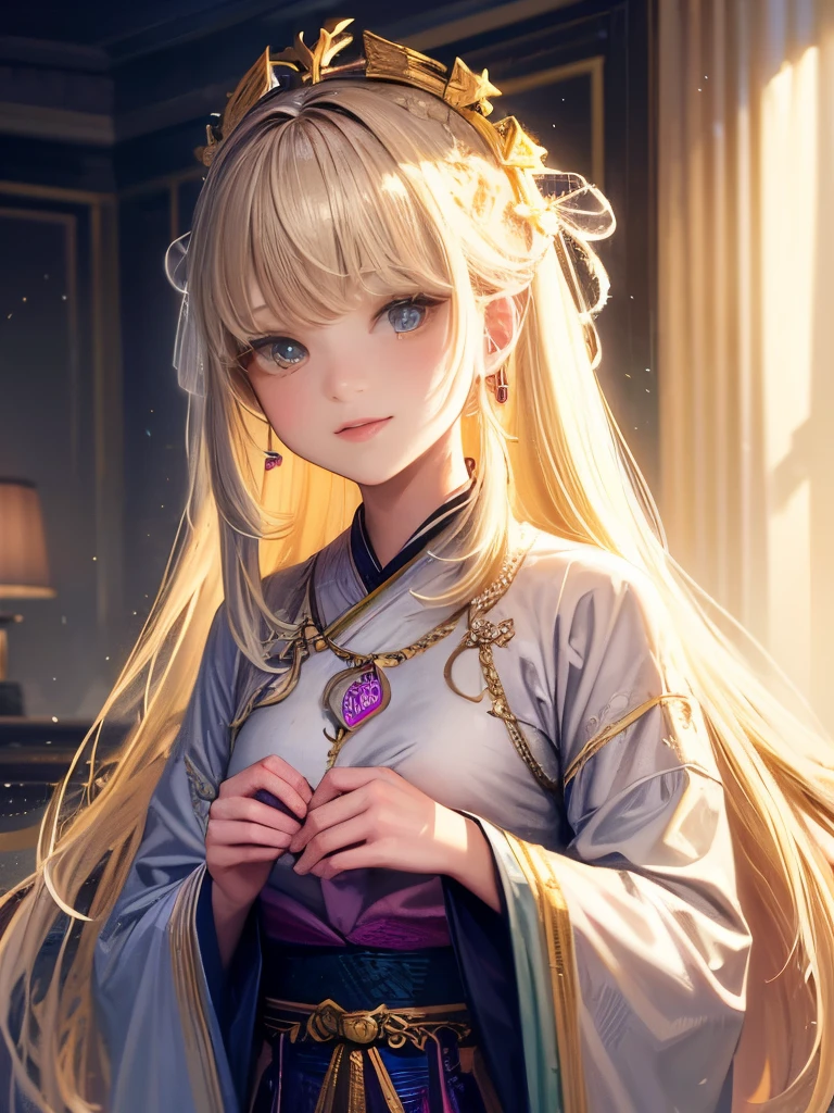 最high quality, masterpiece, High resolution, One girl,blush,(Captivating smile:0.8),Star-shaped pupils,Chinese Hanfu,hair ornaments,necklace, jewelry,Beautiful Face,On top of that_body, Tyndall effect,Realistic, Dark studio, Rim Light, Two-tone lighting,(Skin with attention to detail:1.2), 8k uhd, Soft lighting, high quality, Volumetric lighting, Frank, photograph, High resolution, 4K, 8k, Bokeh