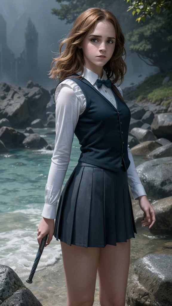 An illustrated movie poster, hand-drawn, full color,(Emma Watson:V2.1 ),( a teenage Hogwarts student:1.4) ,(Camisa blanca corbata y chaleco) , (falda student corto plomo :1.4), (hogwarts school uniform:1.4), 18-years-old, female, wearing a charcoal vest and a pleated skirt, athletic hourglass figure, full wide hips, massive round butt, long shapely legs, ridiculously thick powerful thighs, vibrant eyes, deep dark auburn hair, thick shaggy bangs, flushed sun-kissed complexion, freckles, resembles Genevieve O'Reilly, standing in a foggy Hogwarts courtyard, surrounded by mist, graphite shading, stencil marks, airbrushed acrylic paint, masterpiece, close-up shot, in the style of the Deathly Hallows, high quality, (RAW photo, best quality), (realistic, photorealistic: 1.4), (extremely delicate and beautiful: 1.4), amazing, fine details, masterpiece, ultra detailed, high resolution, best illustration, best shadow, intricate, ( extremely intricate: 1.2), (exquisitely detailed skin), cinematic light, perfect anatomy, (cool color: 1.4), sharp focus, 8k UHD, DSLR, (Fujifilm XT3),(iluminación cinematográfica :1.4),( Hermione Granger:1.4), (Emma Watson: V2.1), (ojos de Emma Watson:1.5), (hogwarts school uniform:V2.1),( pose americano :1.4), (estilo cinematográfico :1.4), (efectos cinematográfico :1.4), (colores cinematográfico), (beautiful landscape with colorful sea rocks, magical lighting, detailed hard ttiti, and boob milk:1.4 ), (partículas flotantes, agua mágica:1.4)