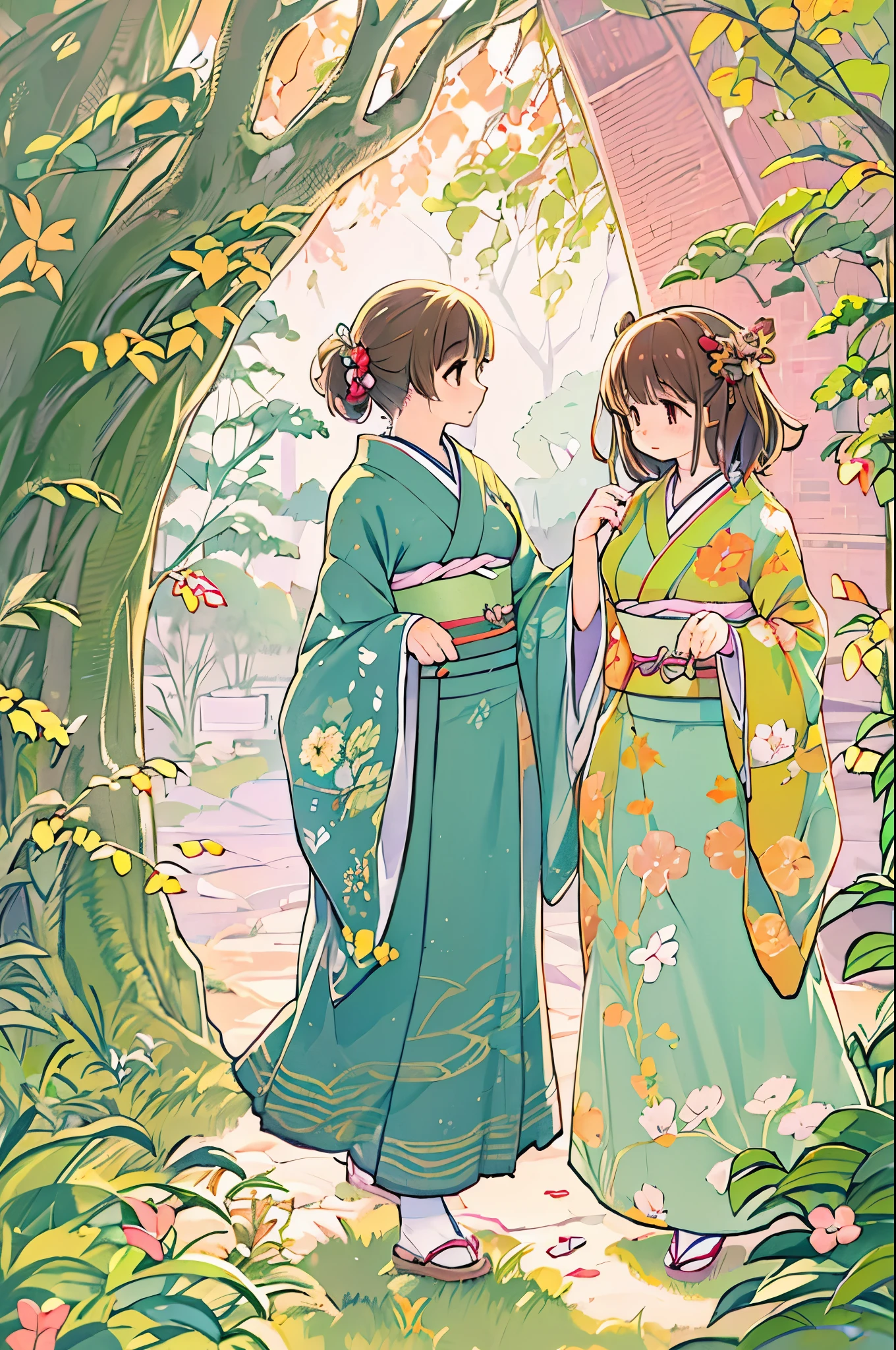 Fairy tale illustration/Reiko Ikemura, Pixabay, Simple Art, Full color illustrations, かわいいFairy tale illustration, Picture book illustrations, figure, Hayao Miyazaki Style, on site, kimono, kimono、Two Girls、Lesbian