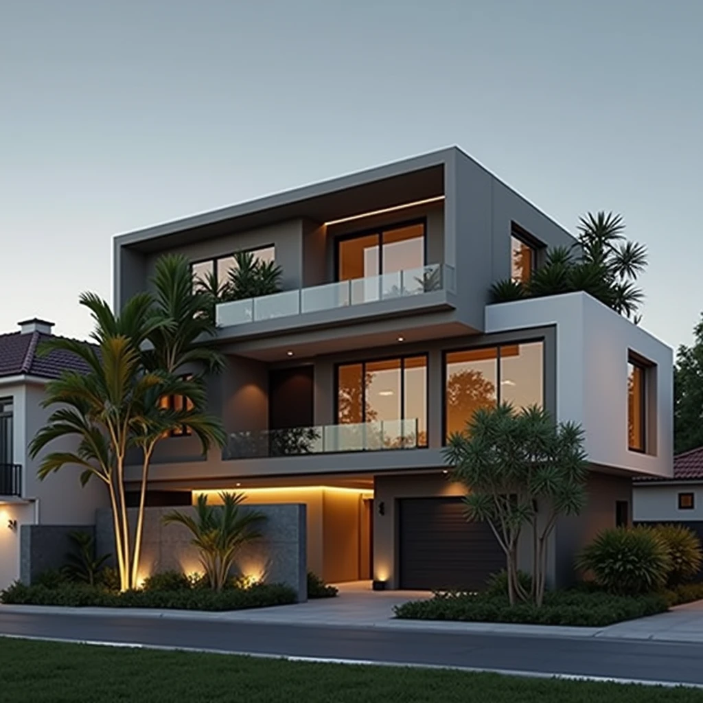 modern villa on the street, (day light), arbre tropical, shrub and green plants, Couleur vive, paysages de rue, Conception minimaliste, shiny gray tone, Large glass door, Warm interior lighting, modern equipment, best quality, ultra realistic, head of'artwork, 17archiai_xl_VL-v1