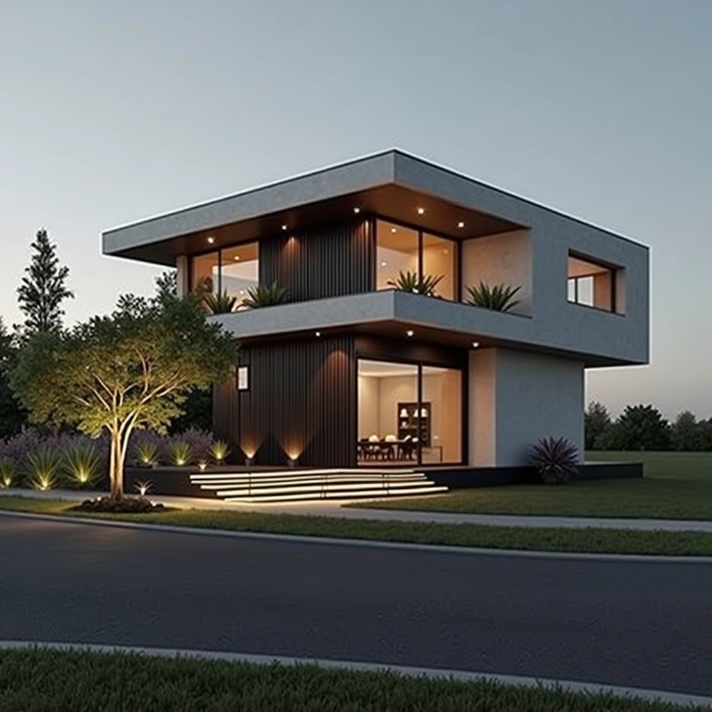 modern villa on the street, (day light), arbre tropical, shrub and green plants, Couleur vive, paysages de rue, Conception minimaliste, shiny gray tone, Large glass door, Warm interior lighting, modern equipment, best quality, ultra realistic, head of&#39;artwork, 17archiai_xl_VL-v1