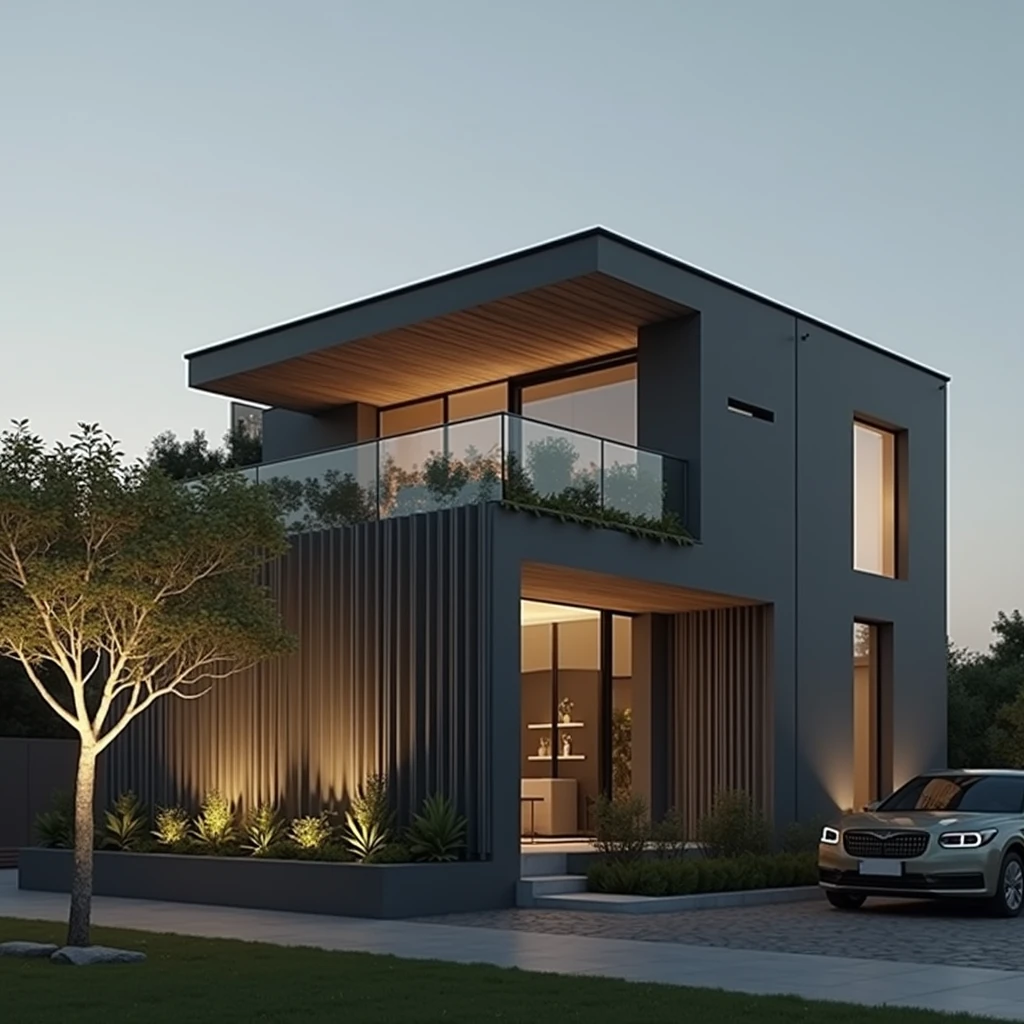 modern villa on the street, (day light), arbre tropical, shrub and green plants, Couleur vive, paysages de rue, Conception minimaliste, shiny gray tone, Large glass door, Warm interior lighting, modern equipment, best quality, ultra realistic, head of&#39;artwork, 17archiai_xl_VL-v1