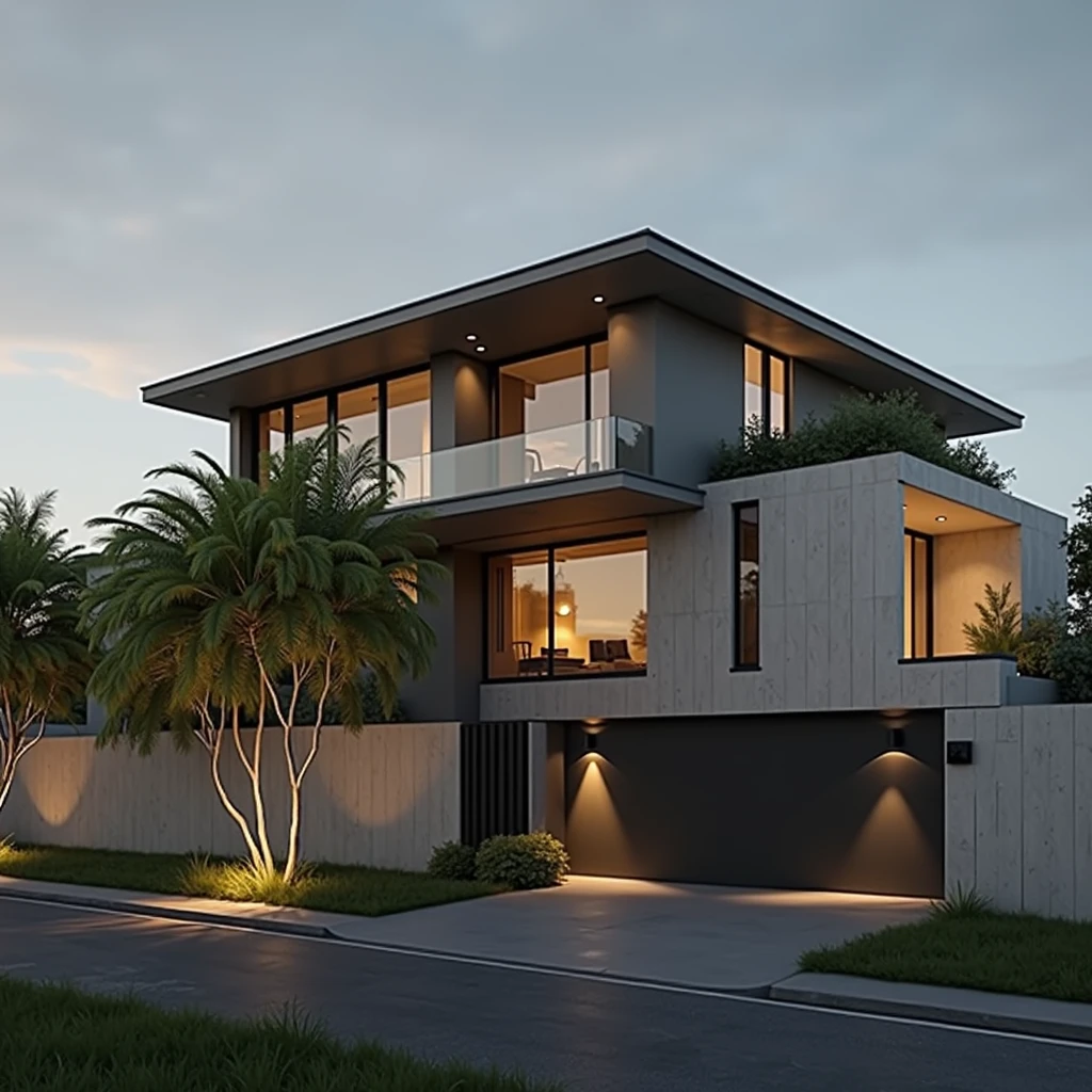 modern villa on the street, (day light), arbre tropical, shrub and green plants, Couleur vive, paysages de rue, Conception minimaliste, shiny gray tone, Large glass door, Warm interior lighting, modern equipment, best quality, ultra realistic, head of&#39;artwork, 17archiai_xl_VL-v1