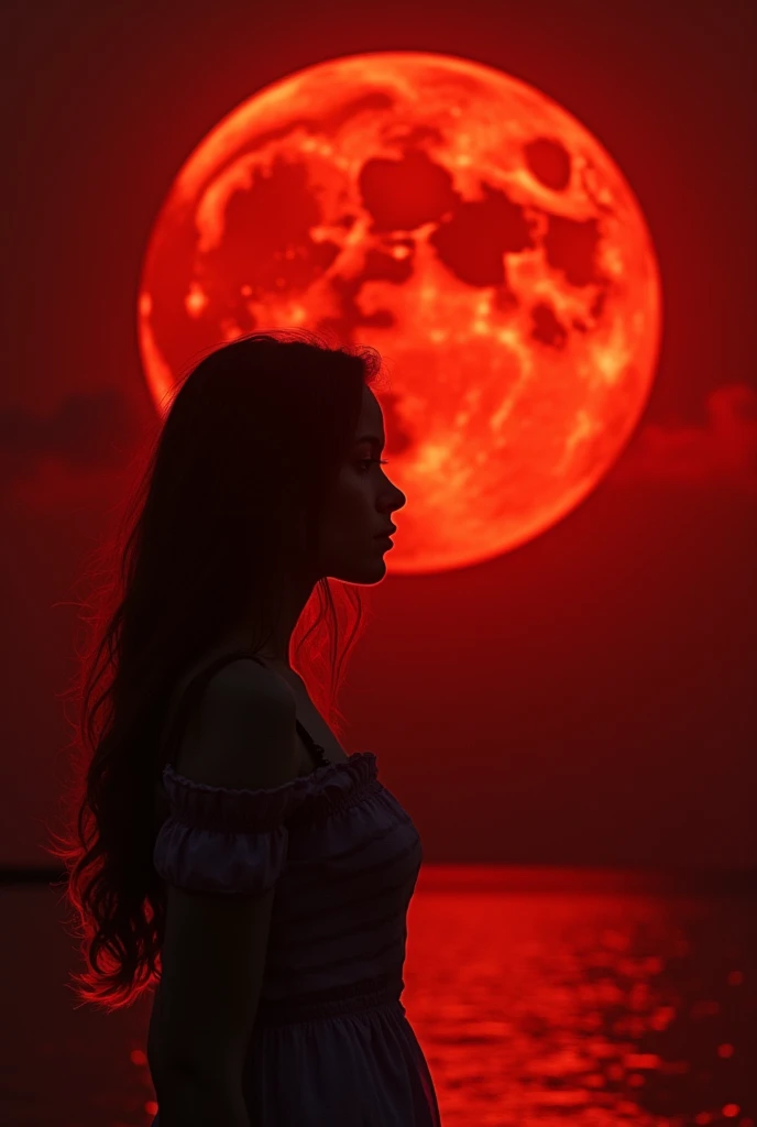 Create a beautiful red night with a red moon, red hair, orange eyes,