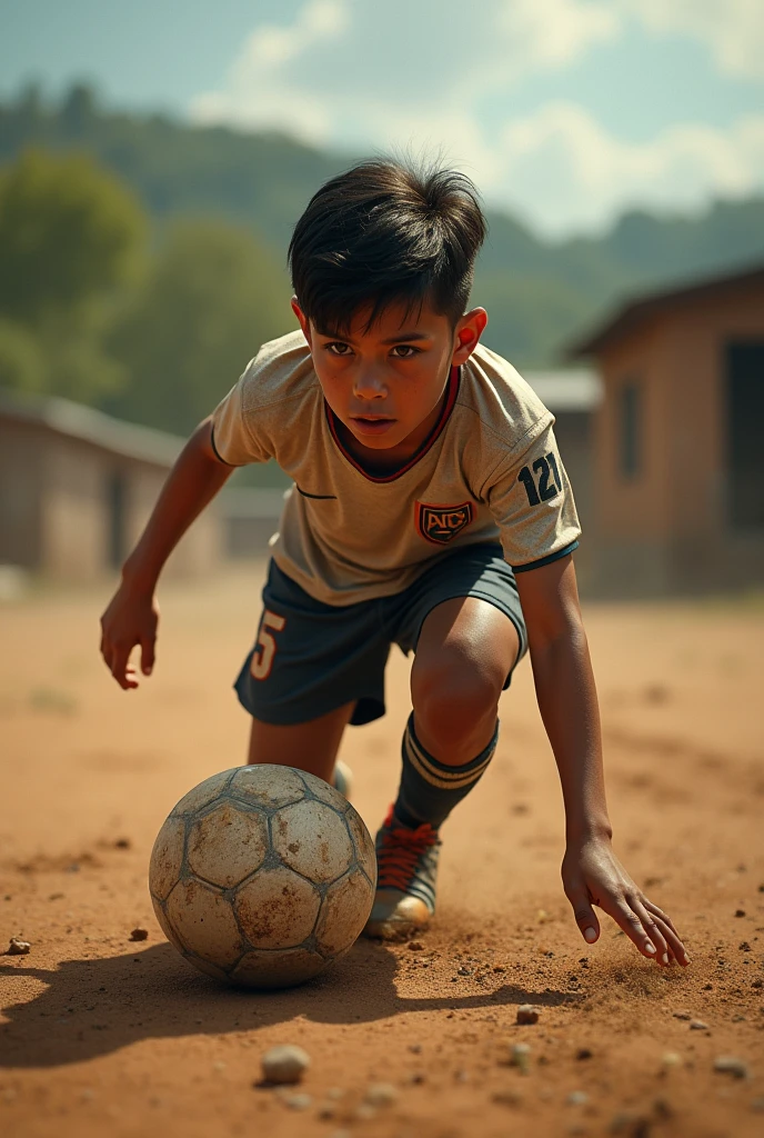 Image of a young soccer player on a dirt field getting up after falling to the ground