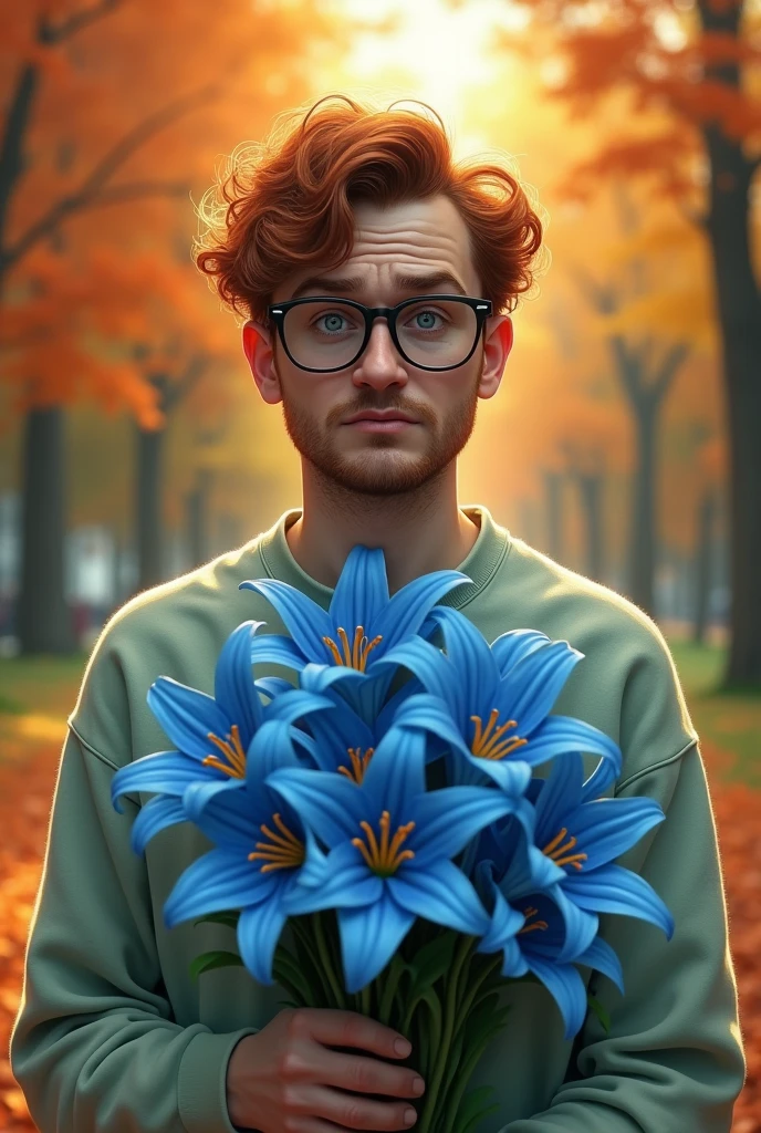 Create a realistic image of a white man with a bad face, with reddish and wavy hair, with glasses and pale green sweatshirt, holding a bouquet of blue lilies, with a background of a park in autumn, with no one around