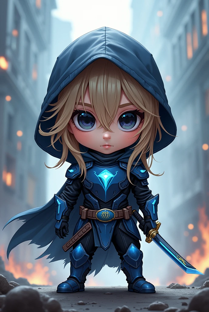 big black eyes, Aura, Long, wavy, light brown hair, Black and blue sci-fi armor, Chibi style, High quality, atmosphere, war, Basic Sword Holding, Apprentice Swordsman's Outfit