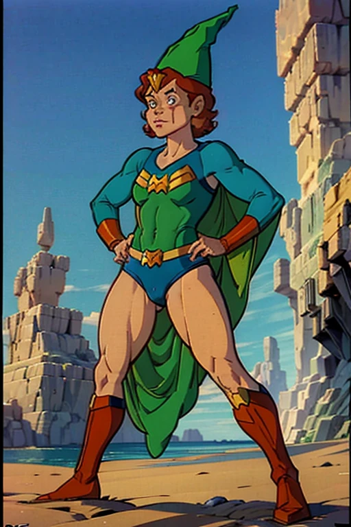 a redhead cartoon character, wonder woman outfit, green diaper, very muscular, male wizard, 1980s cartoon, animated episode still, Presto (((mad))), ((Wears a wizard hat))
