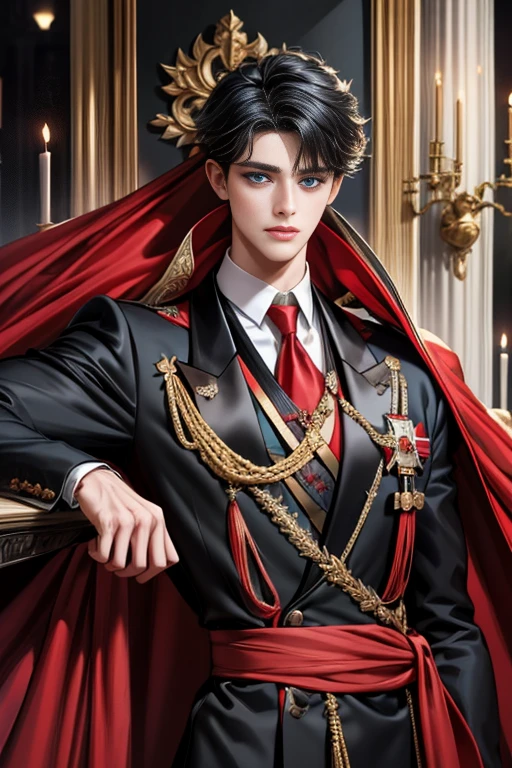 masterpiece, 最high quality, high quality, 1 boy, alone, Male focus, Upper Body,Watching the audience, Messy black hair, Adorable big blue eyes, White, Noble, Noble,A black and red cape that is bursting with sexy volume、Tuxedo、A very voluminous, large, very large, very large, long, long red and black cape with a high stand-up collar, made of a lot of fabric that reaches down to the floor., ,cute beautiful,Cute, cute, kind, handsome guy