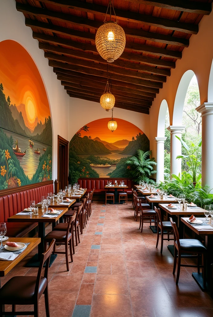 Create an image of a restaurant, The restaurant should incorporate elements of Ecuadorian colonial architecture, exposed wooden beams, and white walls with details in warm tones (ochre and terracotta). Large windows overlooking the garden or internal patio full of tropical vegetation would reinforce the cozy and natural atmosphere.. 
Landscape Murals: On the walls, Large hand-painted murals depicting iconic Ecuadorian landscapes could be placed: Andes Mountains, the amazon rainforest, and the beaches of the Pacific. The colors would be vibrant and warm, Capturing the country&#39;s natural beauty.

Local Crafts: The decoration would include details of Ecuadorian crafts. For example, handwoven baskets, toquilla straw hats (Panama), and pre-Columbian ceramics. The lamps could be made of cane or bamboo., reflecting indigenous natural materials.


with the brand "Chugchu"