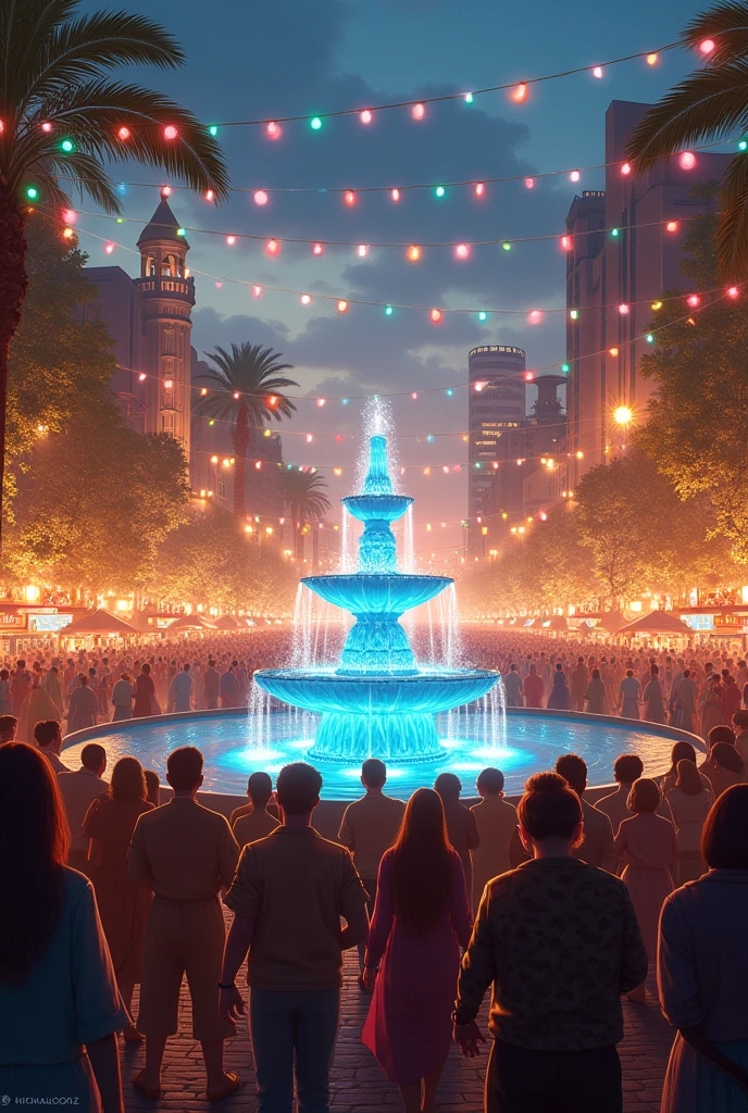 The population enjoys the festival with food, music and joy under the bright lights by the fountain 