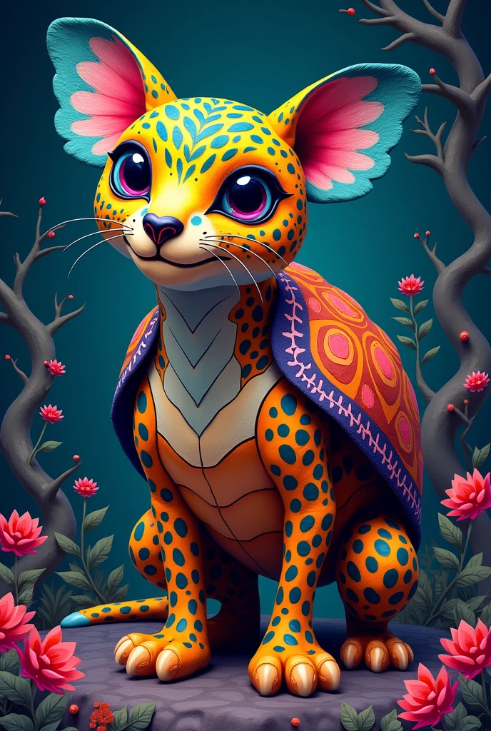 Make an alebrije with the following characteristics, turtle shell, leopard spots, dog head and koala arms