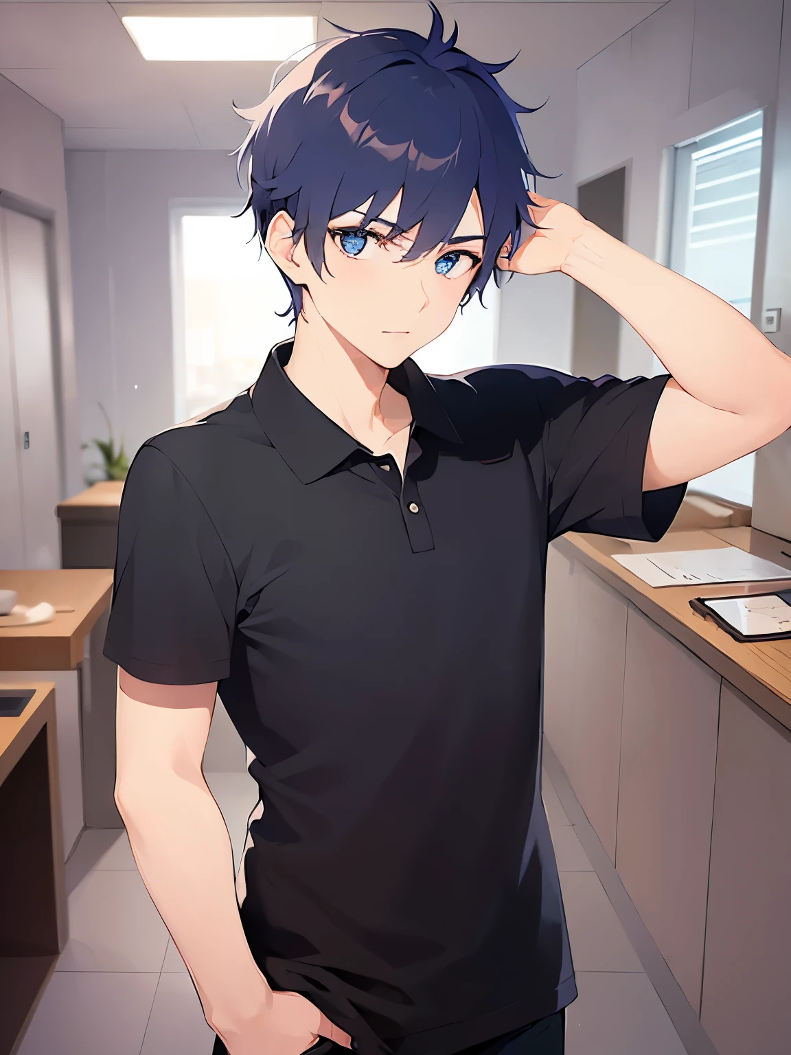 (2 male:1.5) and (Black short hair) and (blue eyes), (hand behind head:1.5),upper body,(looking away:1.5),
shiny skin, masterpiece、Highest quality、
(Polo shirt with black short-sleeved sleeves:1.5),
confused,Are standing、
office、(alone:1.5)