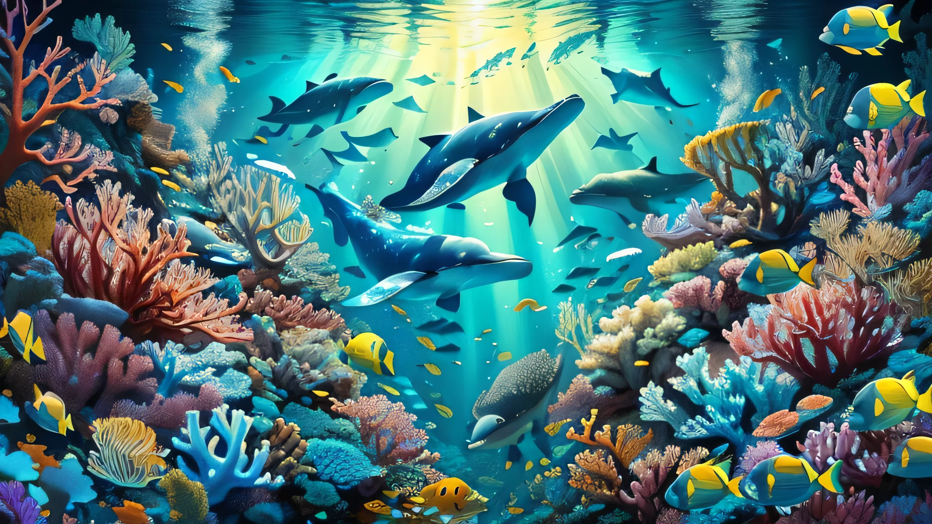 painting of a group of dolphins swimming in a Coral reef, incredible depth, incredible depth, Coral reef, underwater world, underwater scenery, underwater scene, tropical reef, underwater landscape, underwater scenery, whales, ambiente submarino, Bela arte UHD 4K, masterpieceunderwater scene, Very detailed 4k hd wallpaper, by Wayne England, underwater ocean, deep underwater scene