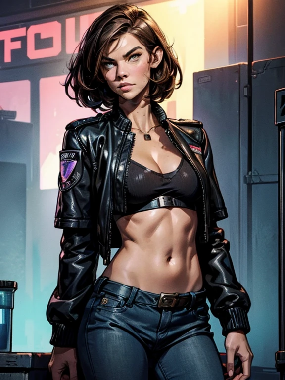 (Lauren Cohan), Portrait of  a beautiful female model, beautiful face, with short dark brown hair, in cyberpunk city at night. She is wearing a leather jacket, revealing tube top, black jeans, dramatic lighting, police badge on her hip(police badge:1.2), "beautiful detailed face, beautiful detailed eyes, beautiful detailed lips, beautiful detailed nose, slim athletic body, sagging breasts, round breasts, wide hips"