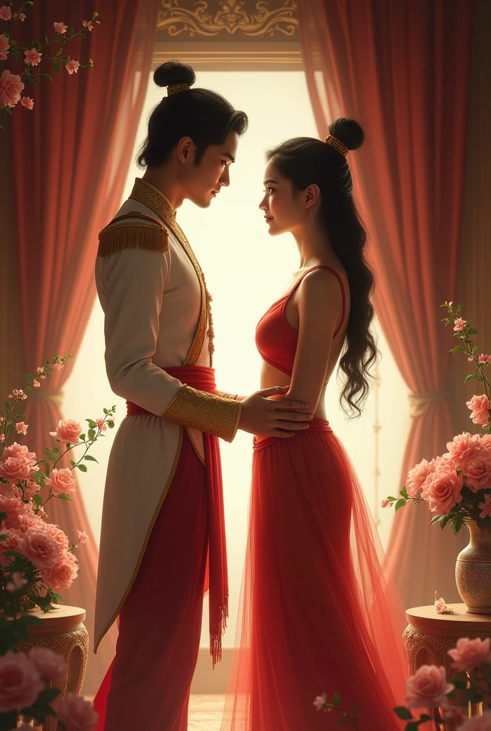 full lenght, full-body picture of a young man with long black hair, a beautiful face, long black hair tied loosely, wearing a white traditional Thai costume, a white loincloth with gold sparkles, looking at each other, a young woman with long black hair, beautiful, wearing a white, pink, and gold Thai costume, wearing a small, beautiful crown, walking, holding hands, smiling at each other, with a beautiful Thai house in the background, night light shining down, 3D oil painting, full-body picture, clear picture, full body, from a distance