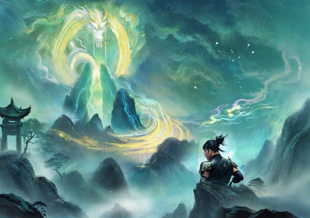 (((back-view,full body))),1man pulling out a sward:1.5,male focus,solo,Battle stance,solo,green Chinese hanfu,black long hair,high ponytail,(black boots,black shorts),anatomically correct,chinese painting,nijimale, mature male,masterpiece,best quality,8K,wallpaper,claborate-style painting,(Masterpiece),(ultra-detailed),