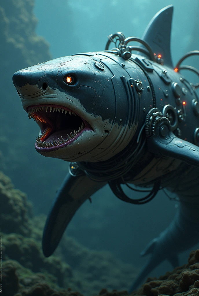 Merge the image of a shark with gears and robot mechanisms