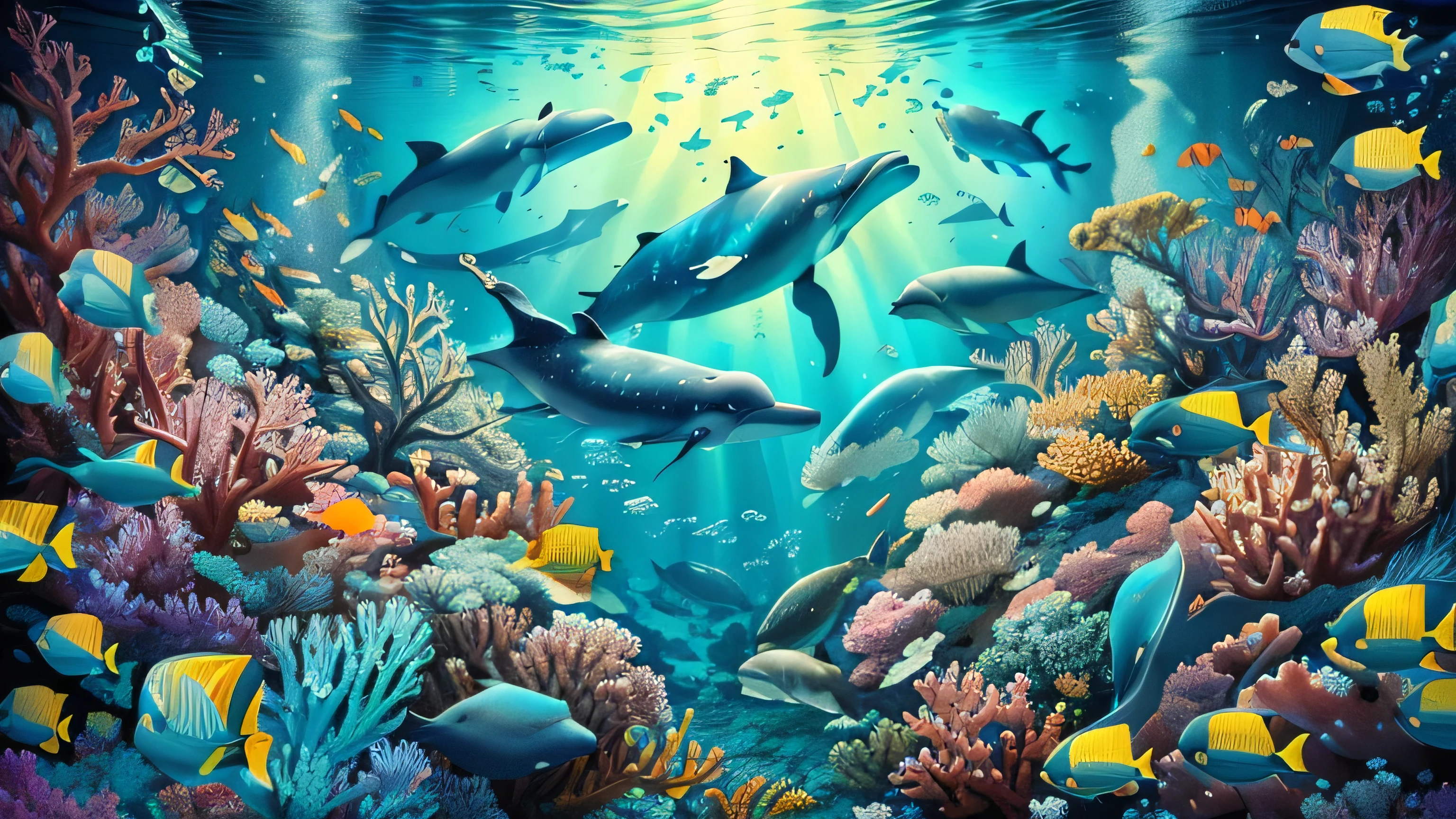 painting of a group of dolphins swimming in a Coral reef, incredible depth, incredible depth, Coral reef, underwater world, underwater scenery, underwater scene, tropical reef, underwater landscape, underwater scenery, whales, ambiente submarino, Bela arte UHD 4K, masterpieceunderwater scene, Very detailed 4k hd wallpaper, by Wayne England, underwater ocean, deep underwater scene