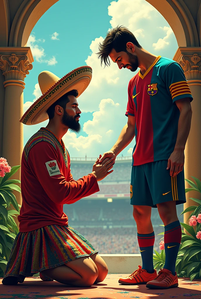 Create a Mexican Make him more maxicanoo Make Cristiano pray to Messi Make Cristiano Ronaldo kiss Messi&#39;s feet Make the footballer Cristiano Ronaldo kiss the feet of the footballer Messi