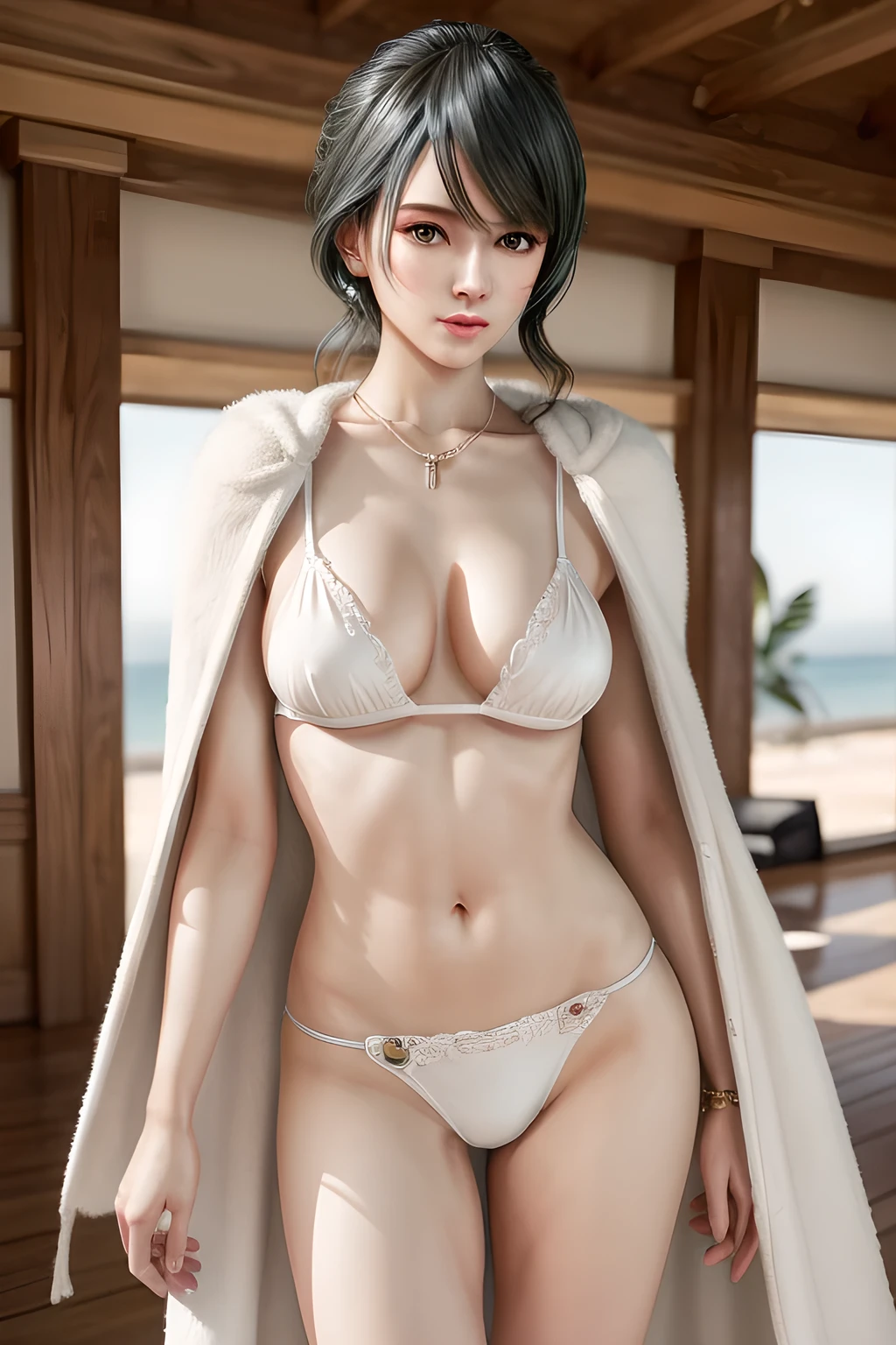 A lady with extraordinary temperament, she stands in a modern indoor space, as if she is a model from a fashion magazine. She is wearing a (pure white long fur cape), the softness and luster of which makes her look more noble under the light, and complements her (beige bikini) underneath, showing her gentle temperament while maintaining a sense of fashion. The style of the dress is simple and generous, a perfect match, and it lengthens her figure, making her tall and charming. The lady's makeup is delicate and elegant, which just highlights her facial features and makes people unforgettable at first sight. Although the earrings and necklace she wears are not ostentatious, they add a bit of sophistication and nobility to her overall look. Her hair is casually draped over her shoulders, and every strand of hair exudes a natural luster,, (best quality,8k,highres,masterpiece:1.2),ultra-detailed,(realistic,photorealistic,photo-realistic:1.37),studio lighting,ultra-fine painting,sharp focus,physically-based rendering,extreme detail description,professional,vivid colors